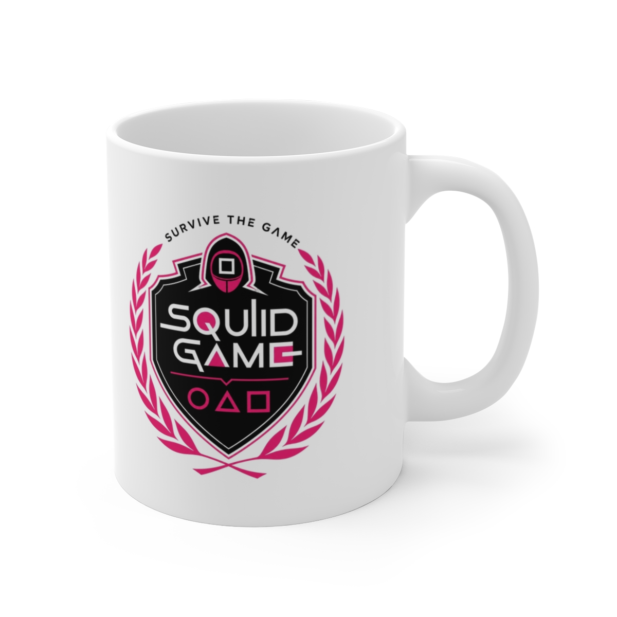 Squid Game " integrates a circle and a triangle, with " White Mug