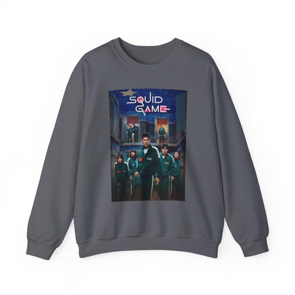 Squid Game Characters Crewneck Sweatshirt | TV Series Arcade Poster Style | Squid Game Merch - alternate angle 2, merchandise