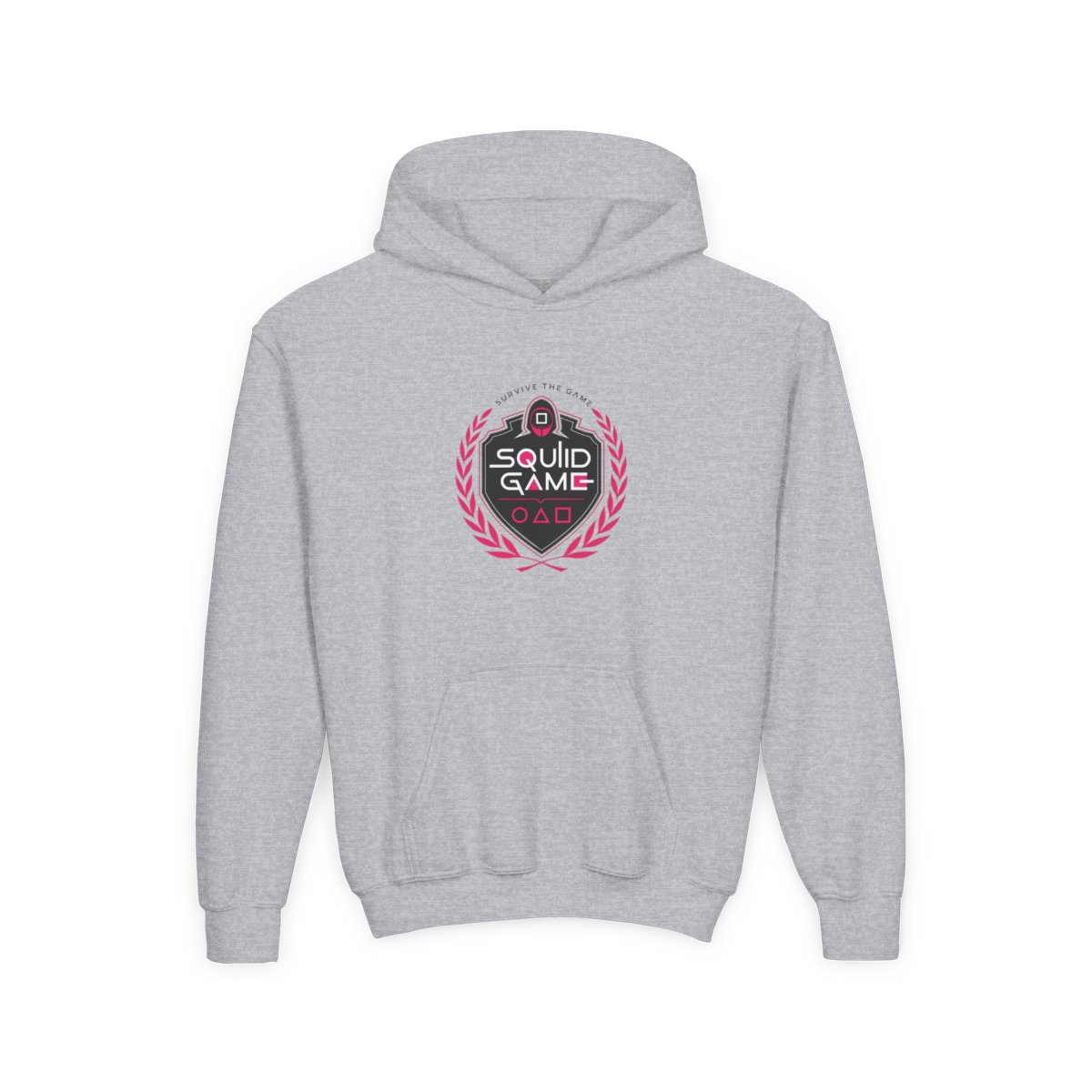 Squid Game " integrates a circle and a triangle, with " Kids Hoodie - alternate angle 2, merchandise